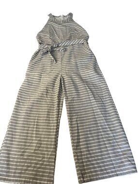 Striped Sleeveless Jumpsuit With Belt High Neck & Wide Legs Size L Gray & White